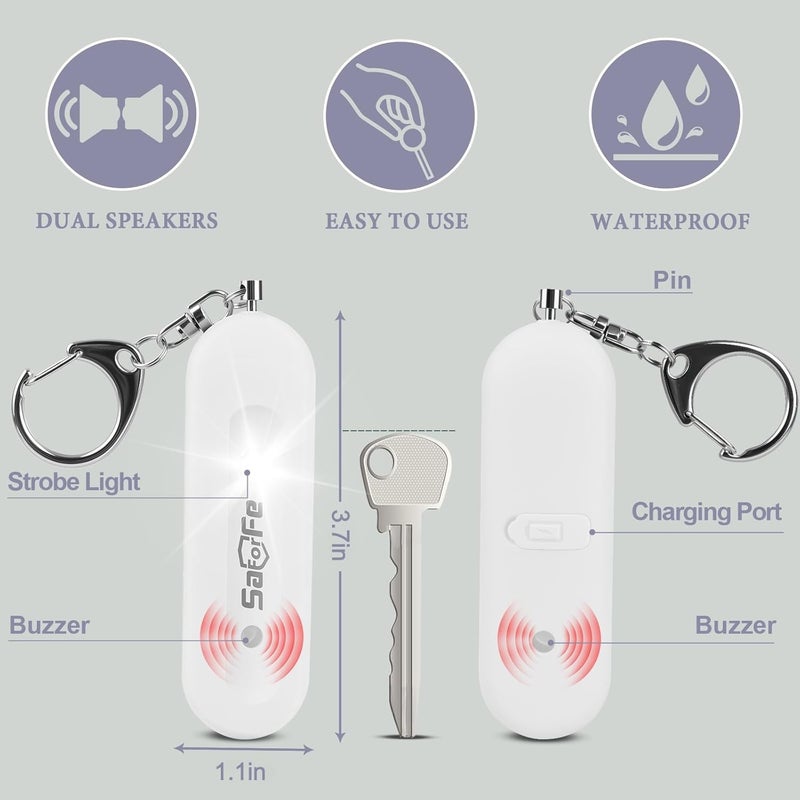 SaForFe Personal Safety Alarm - Waterproof Rechargeable Security Alarm - 140dB Extra Loud Siren & Strobe Light - Self Defense Keychain - Gift for Women, Teenagers, College Girls, Seniors (White) - Image 3